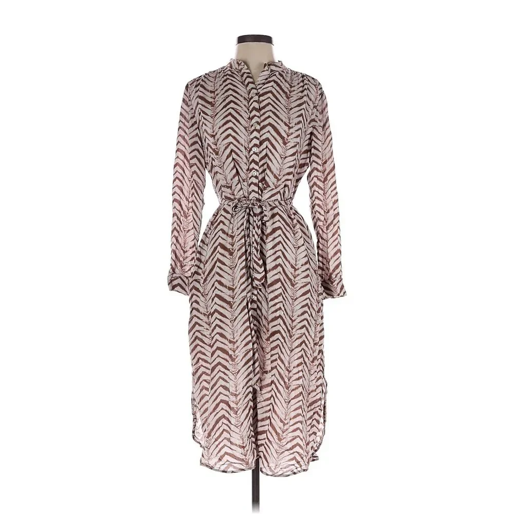Bella Dahl Chevron Print Rayon Shirt Dress Button Front Tie Waist Small
